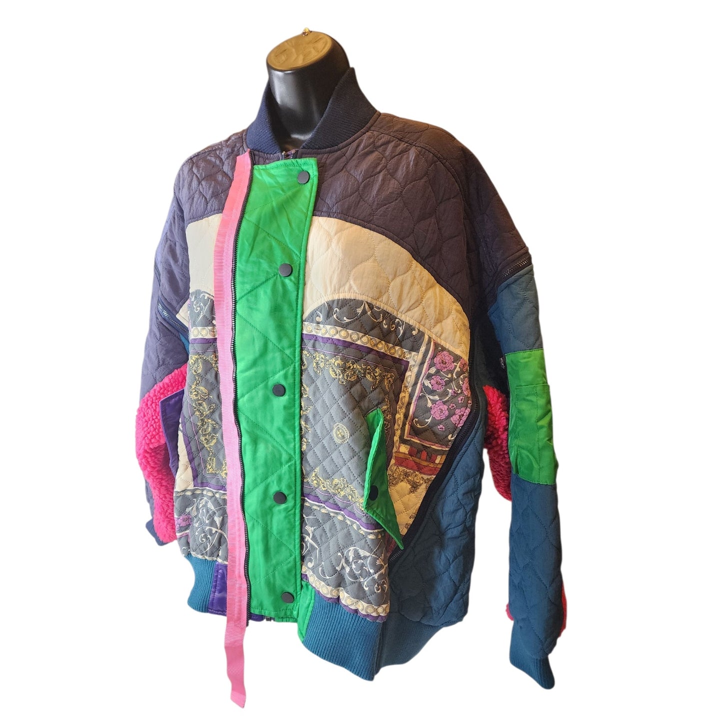 DTU Pink Colorblock Jacket M Oversized XL Quilted Patchwork Bomber Retro Street