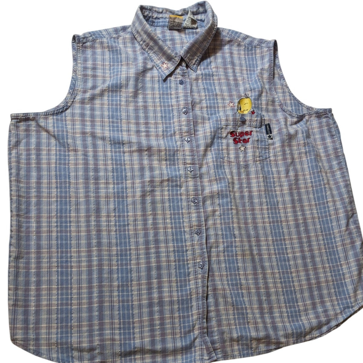 Looney Tunes Tweety Bird Women 26W 28W Sleeveless Button Up Shirt Embroidered