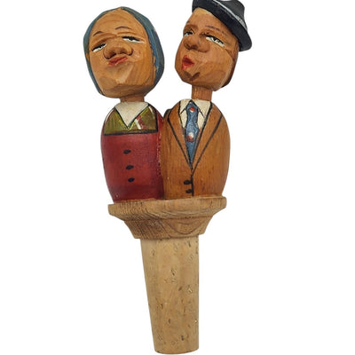 ANRI Italian HandCarved Wooden Bottle Stopper Couple Mechanical Folk Art Barware