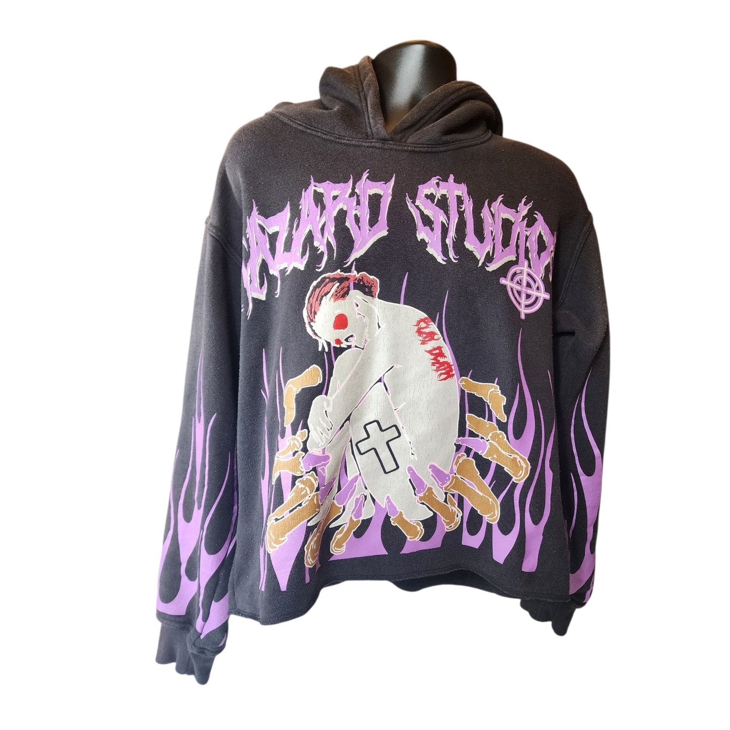 Hazard Hoodie Men Medium Graphic Flame Skeleton Goth Streetwear Sweatshirt