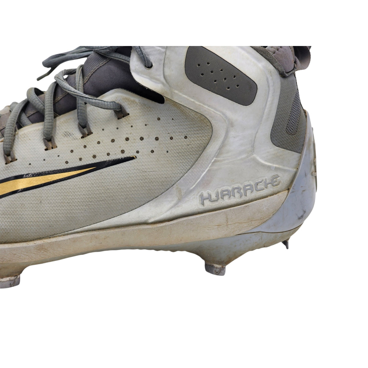 Nike Huarache Baseball Cleats 10.5 Gray Gold Metal Spikes High Top 923428-070