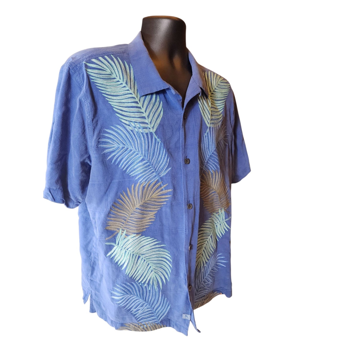 Tommy Bahama Silk Camp Shirt Large Palm Frond Aloha Top Island Vacation Hawaiian