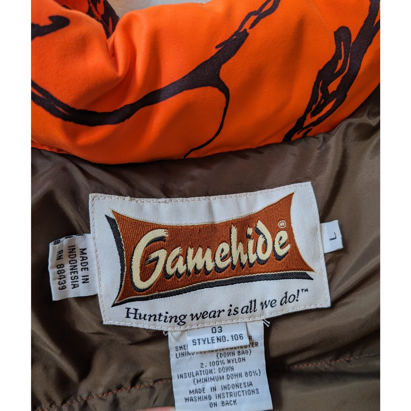 Gamehide Reversible Hunting Jacket Mens Large Brown Blaze Orange Camo Puffer