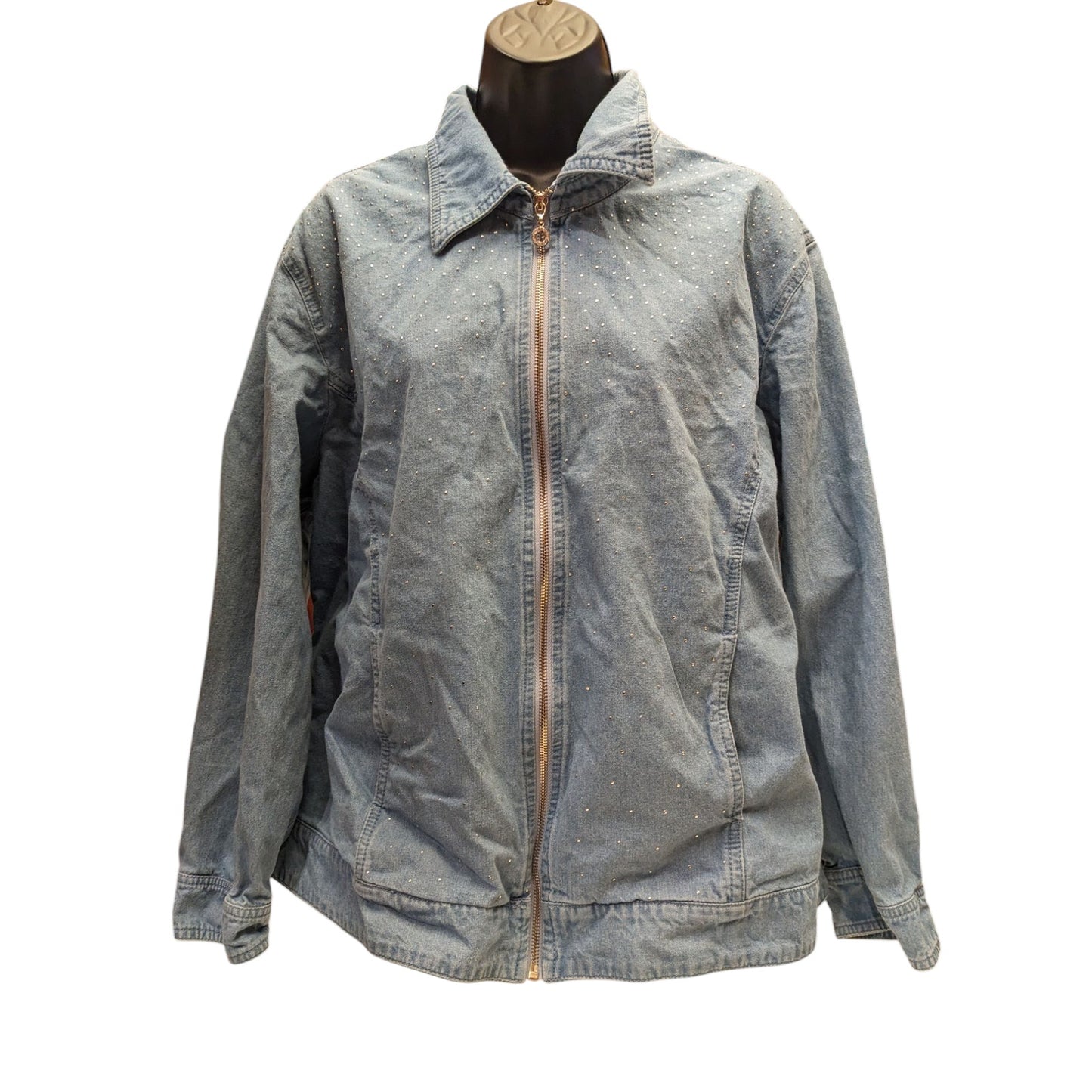 Cathy Daniels Denim Jacket Womens 1X Zip Front Blue Studded Cotton Spring