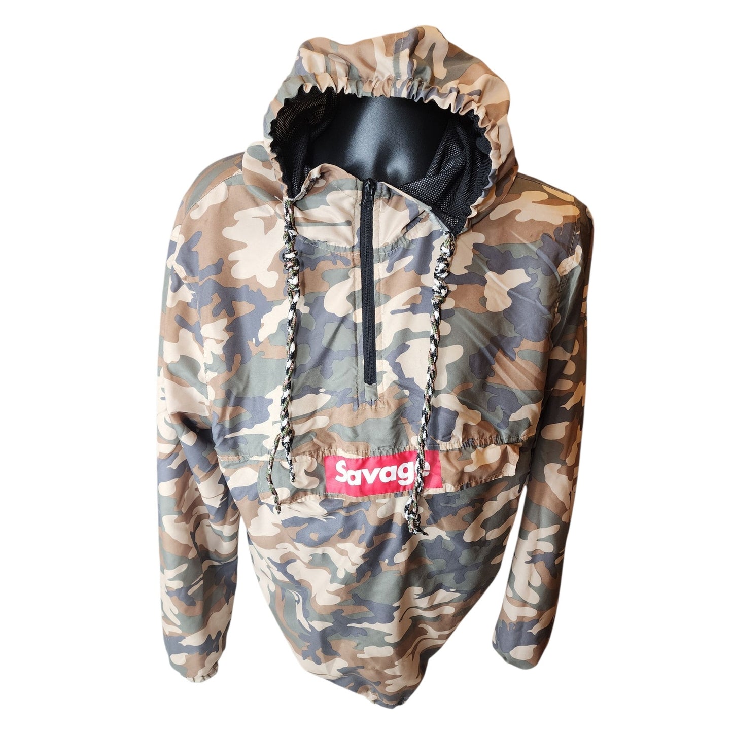 Carbon Savage Camo Pullover Windbreaker Hoodie Mens Large Womens XL Mesh Skater