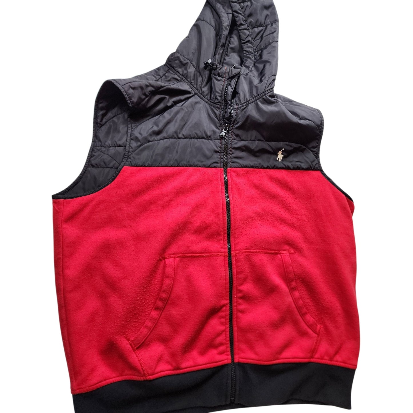 Polo Ralph Lauren Vest Men XL Puffer Red Black Hooded Full Zip Pony Fleece Gilet