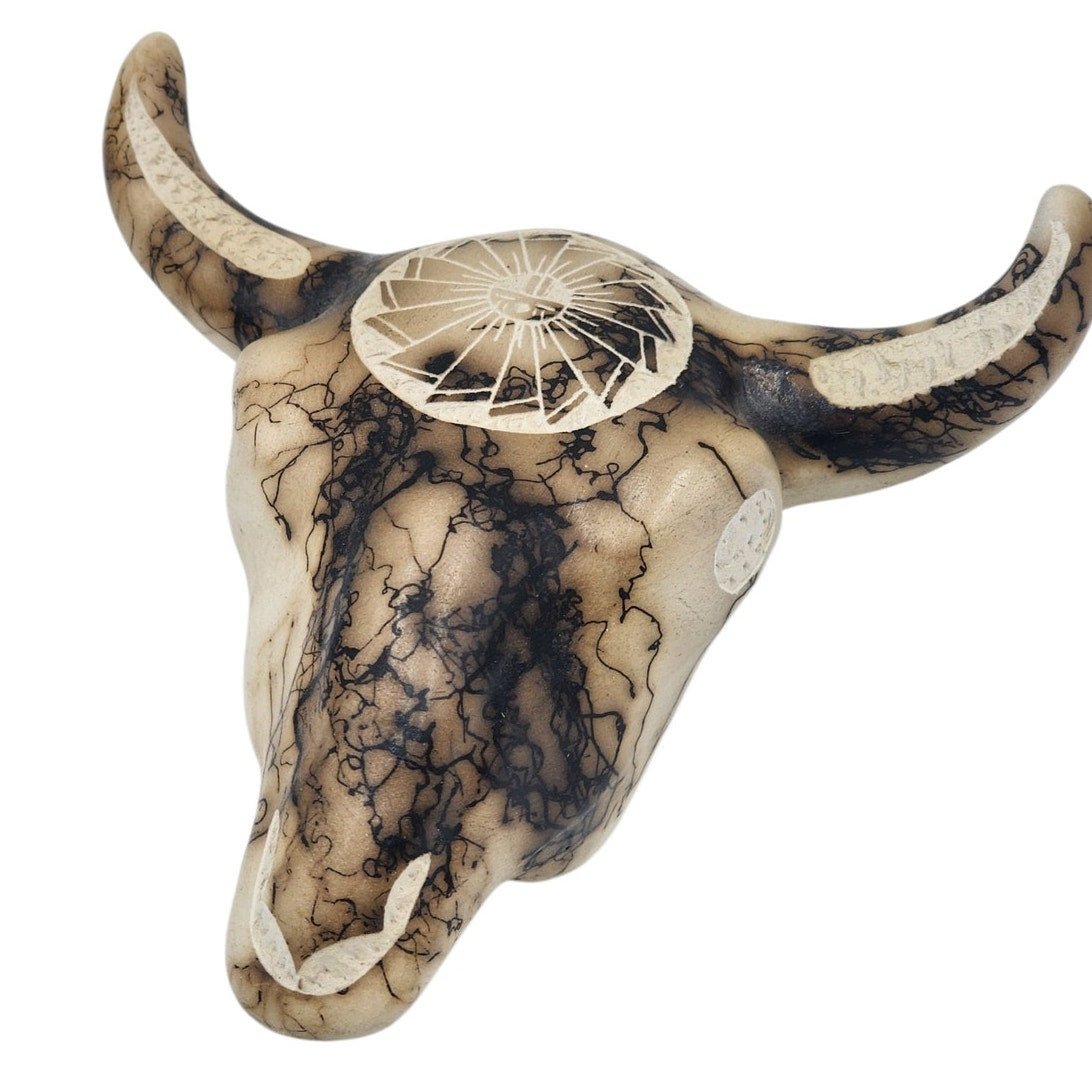 Native American Southwestern Style Pottery Buffalo Skull Signed T Vail Horsehair