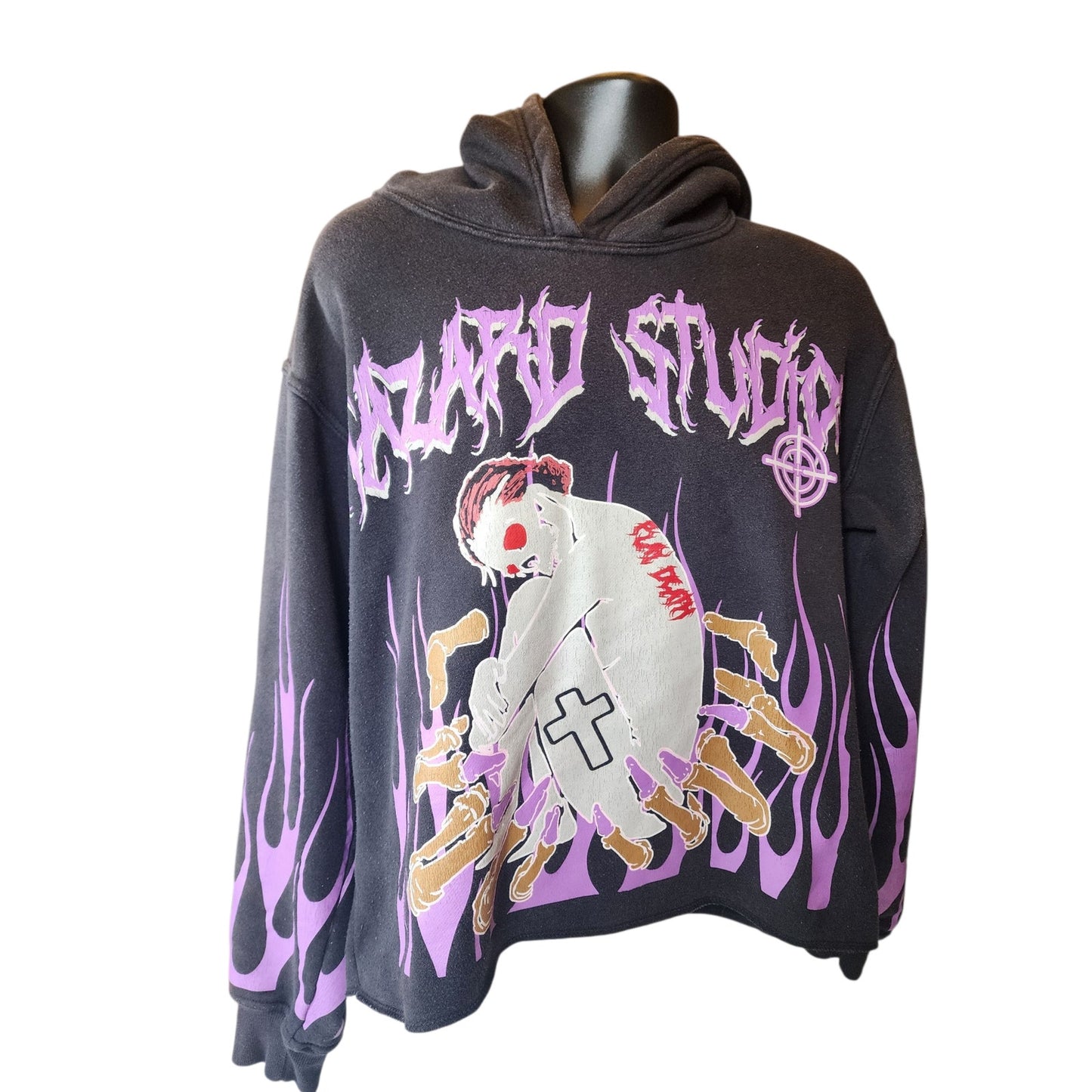 Hazard Hoodie Men Medium Graphic Flame Skeleton Goth Streetwear Sweatshirt