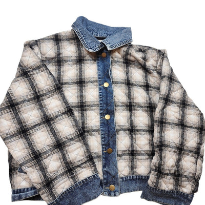 En Creme Quilted Plaid Denim Jacket Womens Medium Shacket Collar Snap Cozy Y2K