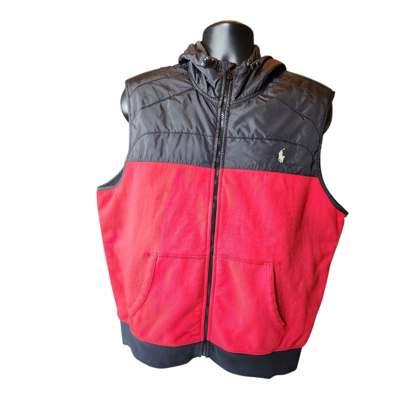 Polo Ralph Lauren Vest Men XL Puffer Red Black Hooded Full Zip Pony Fleece Gilet