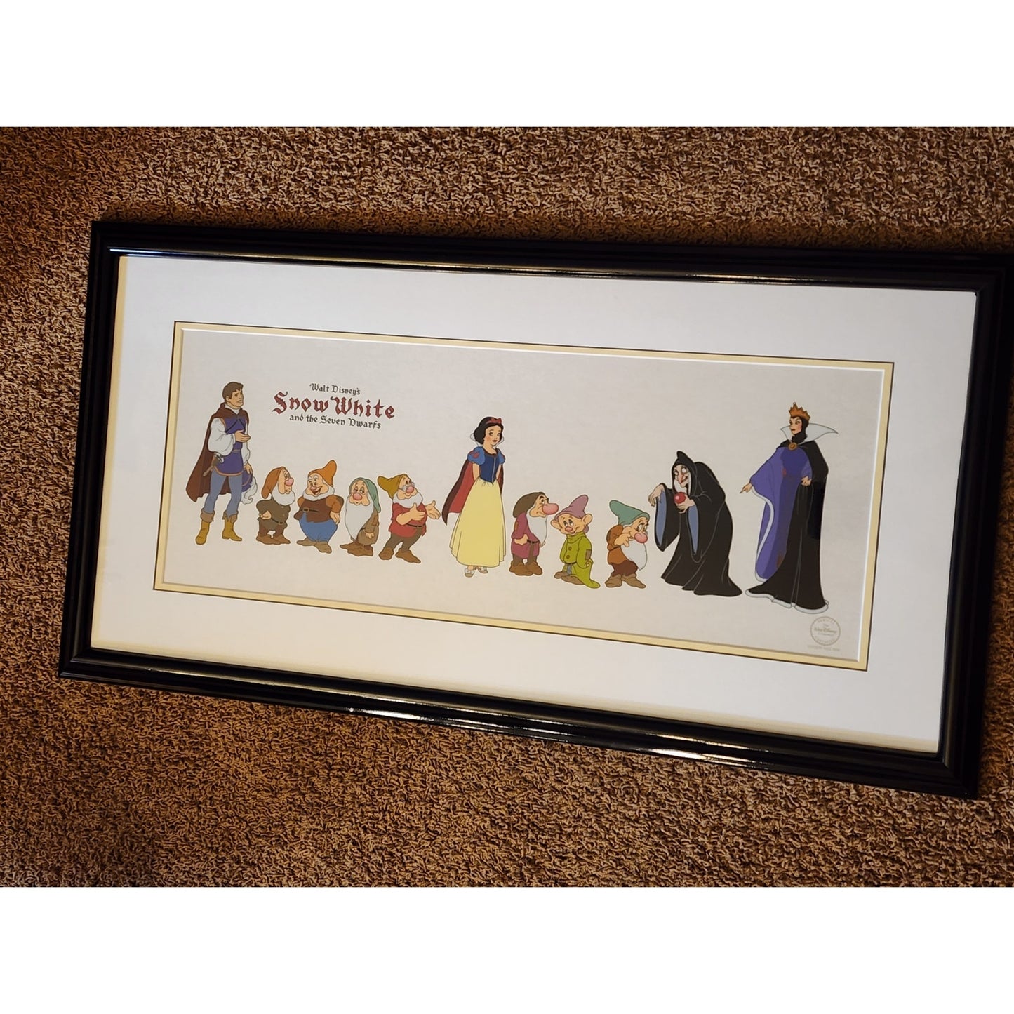 Disney Sericel Snow White Seven Dwarf Cast of Characters COA Tag LE Framed 35x18