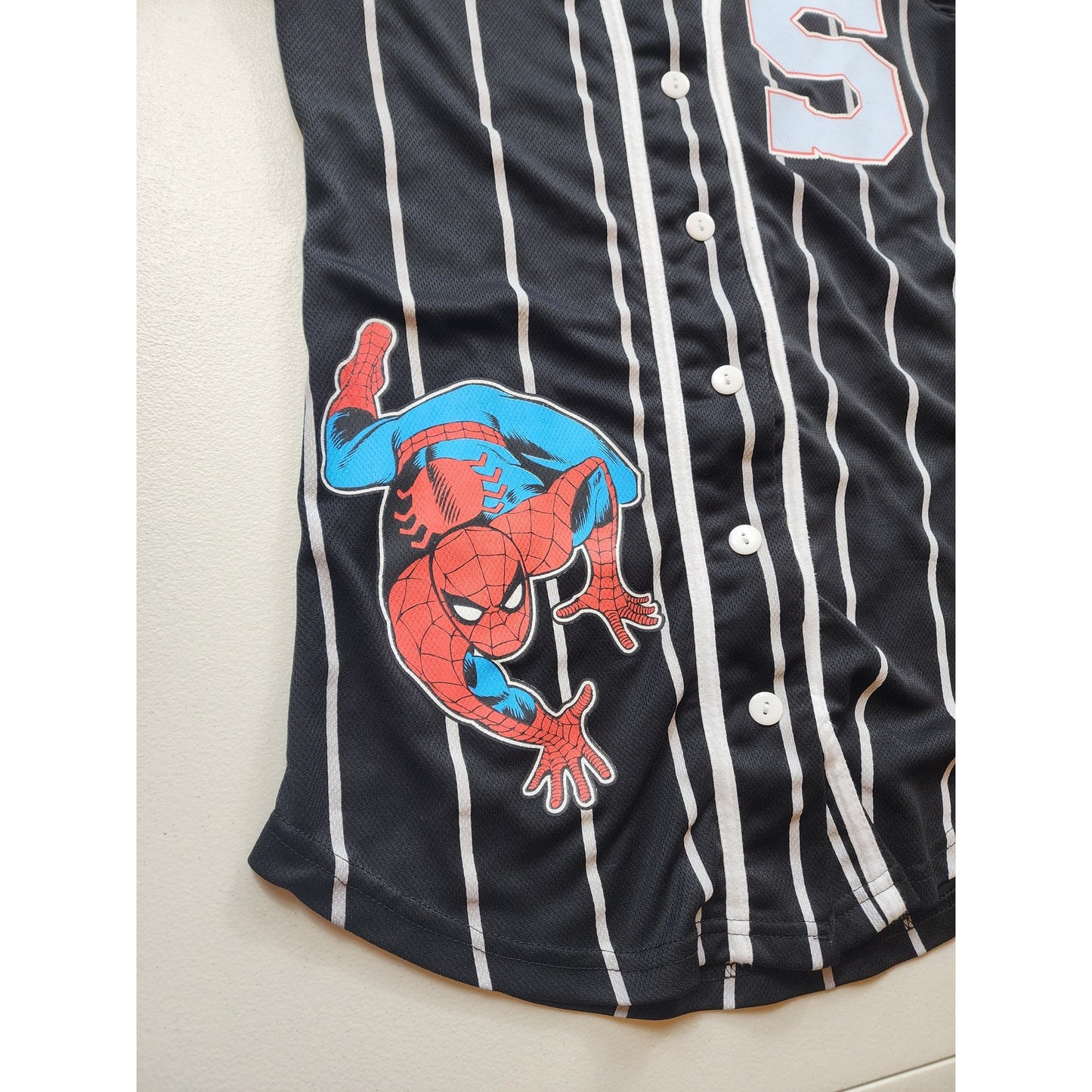 Marvel Spider Man Jersey Shirt Boys Medium Pinstripe Superhero Graphic Tee Top