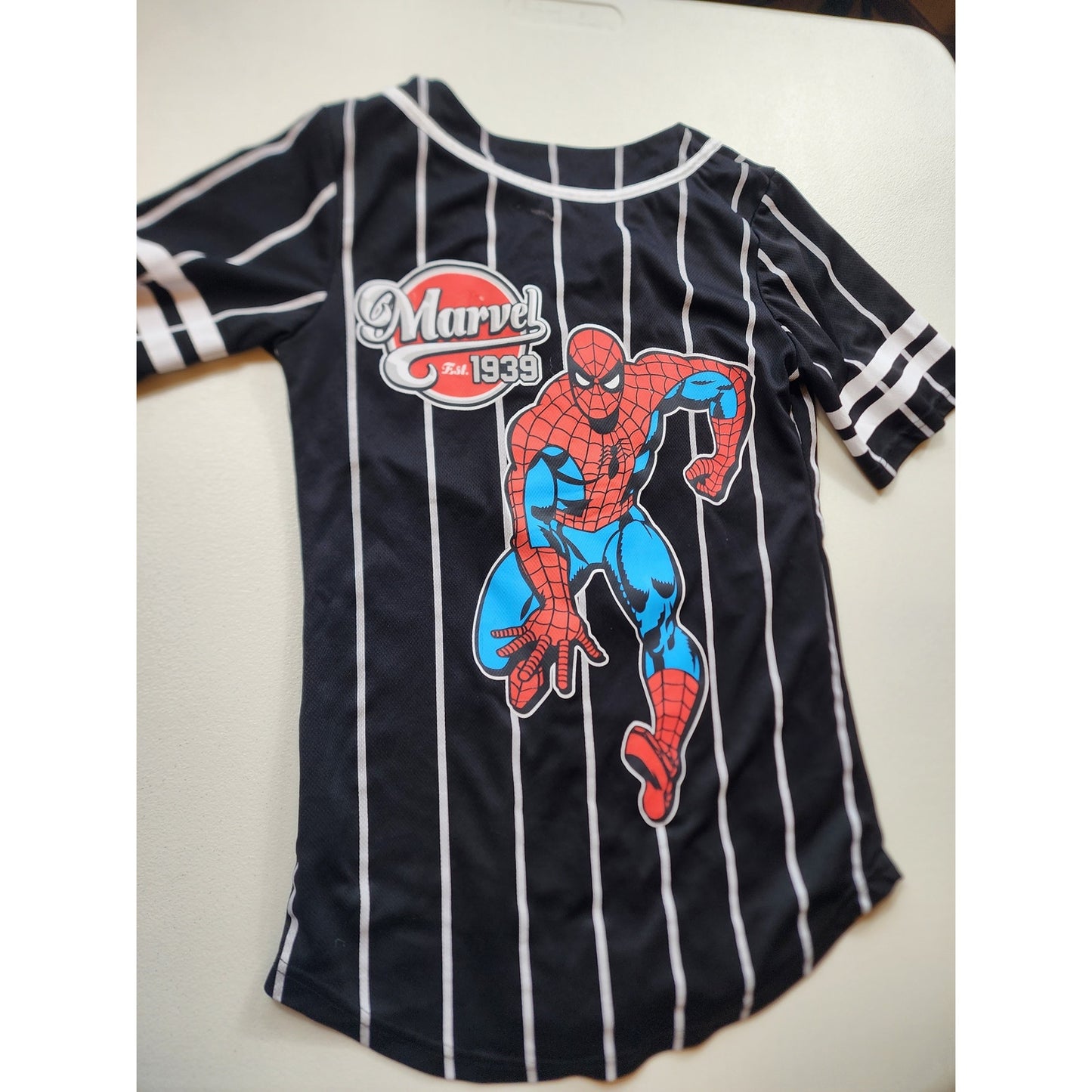 Marvel Spider Man Jersey Shirt Boys Medium Pinstripe Superhero Graphic Tee Top