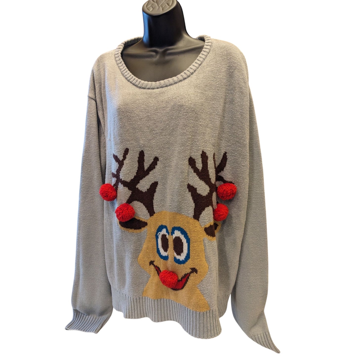 Ugly Christmas Sweater Women 2XL Reindeer 3D PomPom Acrylic Pullover Long Sleeve