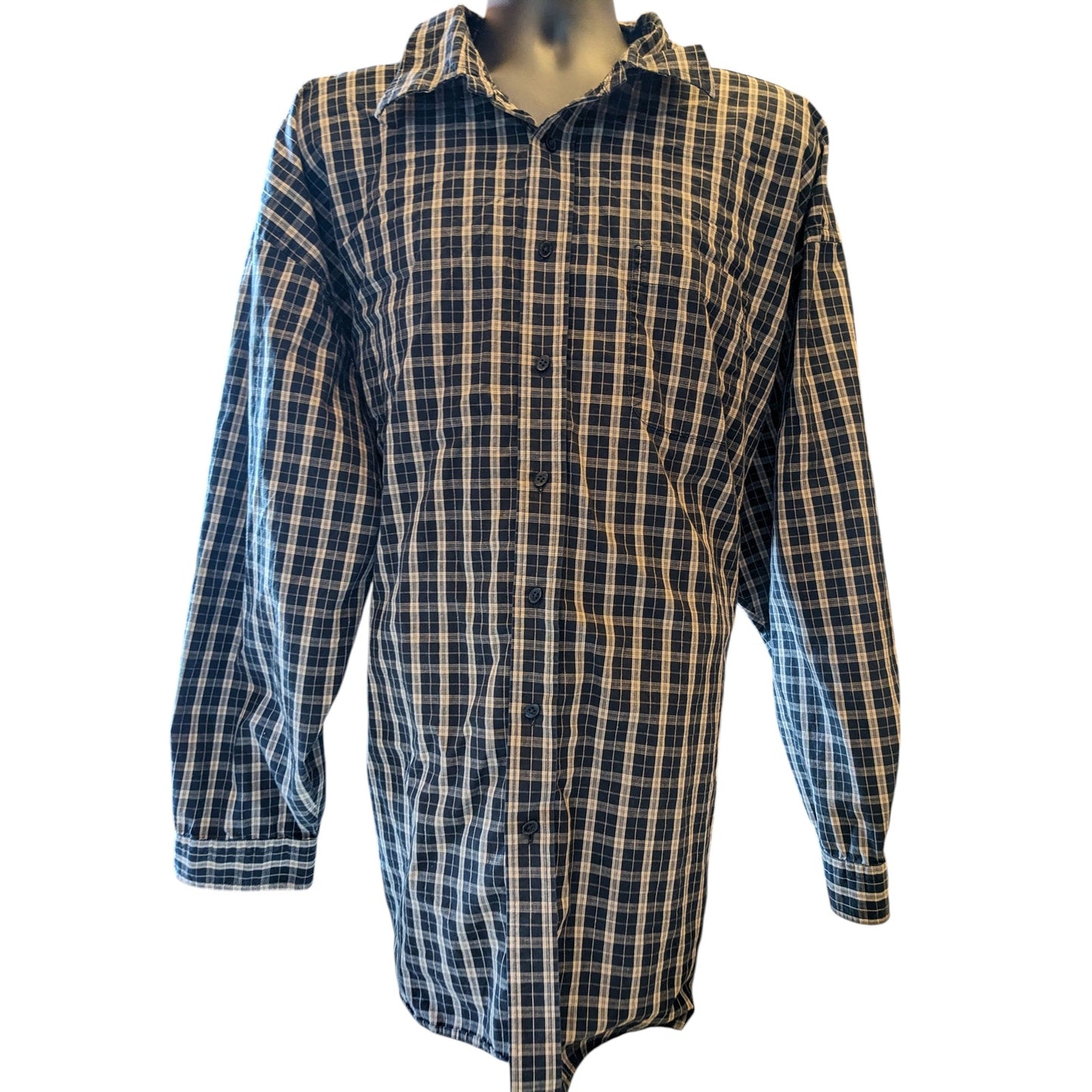 Van Heusen Studio Shirt Mens 3XLT Button Up Long Sleeve Cotton Plaid Blue Gray