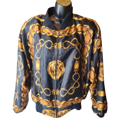 Vintage PMB Fashion Women XL Bomber Jacket Gold Chain Print Korea Bold Light