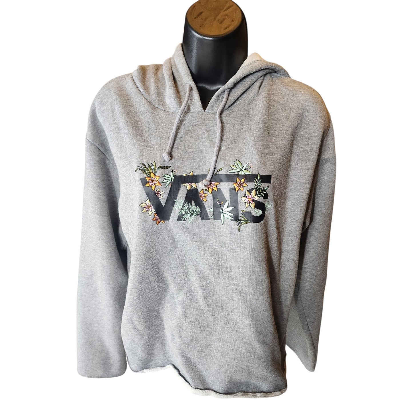 VANS Hoodie Womens Medium Floral Embroidered Raw Hem Cut Off Pullover Sweatshirt