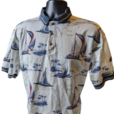 American Summer Polo Shirt Mens Large Nautical Sailboat Vintage Vacation Preppy