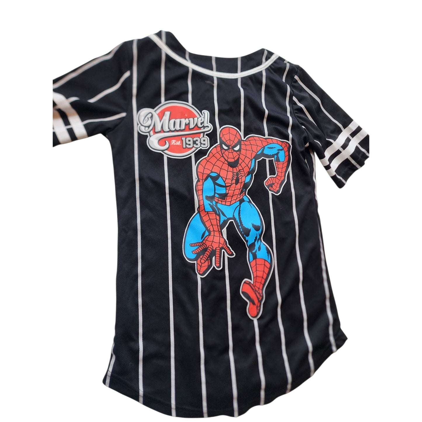 Marvel Spider Man Jersey Shirt Boys Medium Pinstripe Superhero Graphic Tee Top