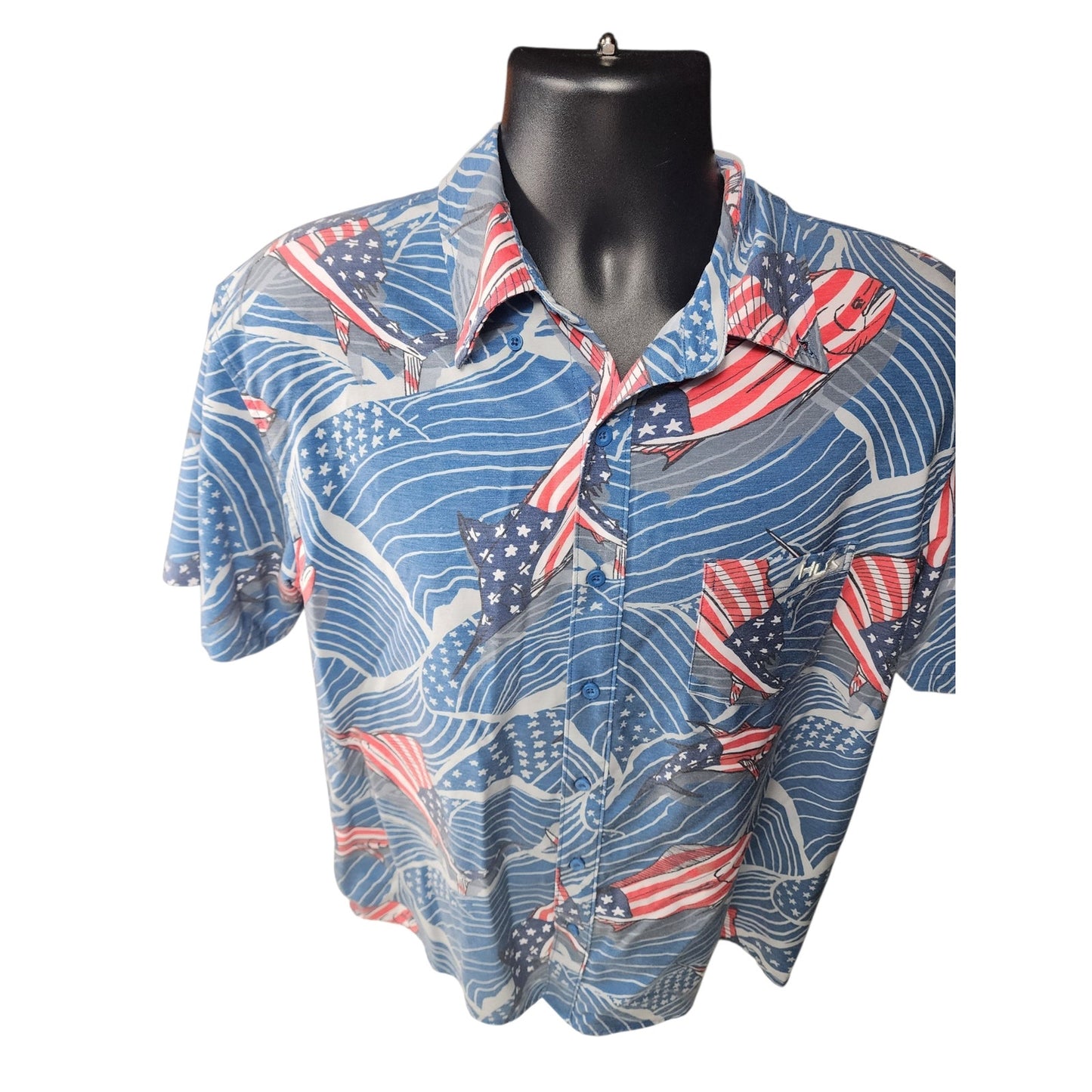 Huk Fishing Shirt Men Medium Patriotic Red White Blue Marlin Flags Button Down