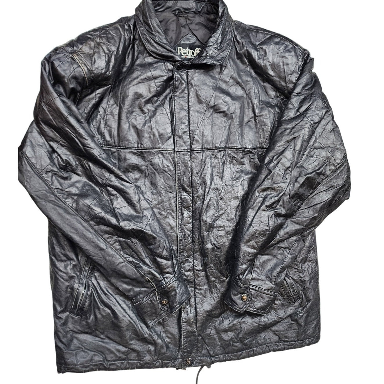 Petroff Leather Jacket Large 52 Zip Crinkle Bomber Vintage Moto Grunge 90s Y2K