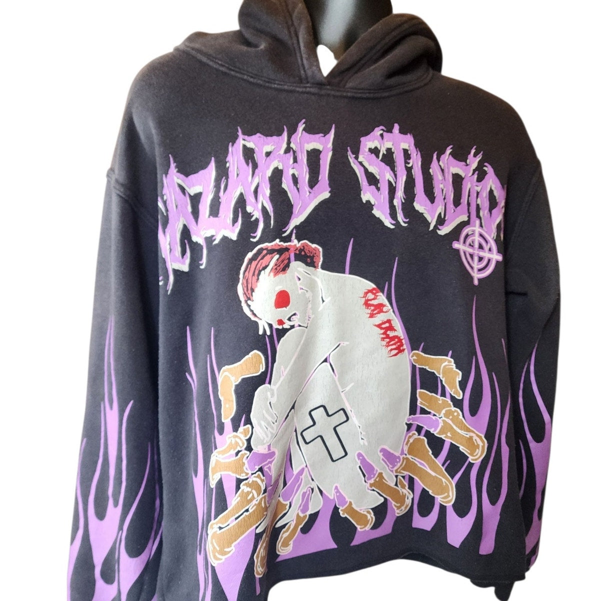 Hazard Hoodie Men Medium Graphic Flame Skeleton Goth Streetwear Sweatshirt