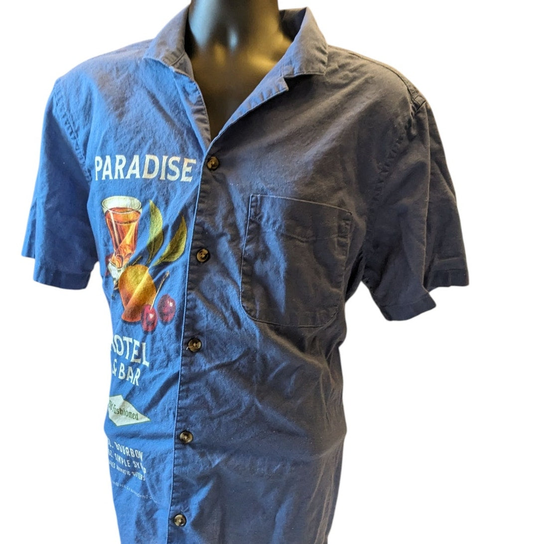 Old Navy Shirt Mens Large Linen Paradise Hotel Cocktail Graphic Beach Hawaiian