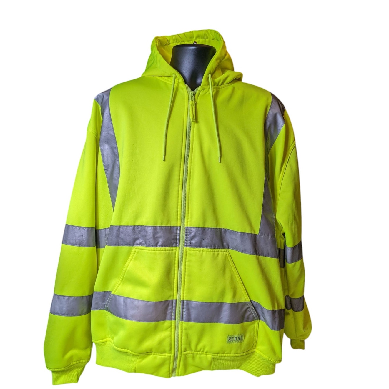 Berne Hi-Vis Hoodie Men 2XL Yellow Reflective Zip Safety Sweatshirt Construction