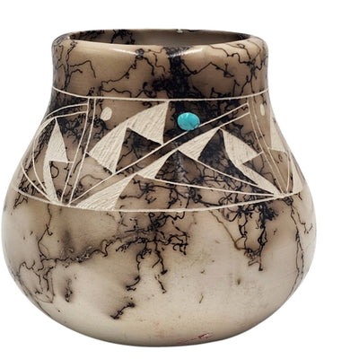Native American Horsehair Pottery Vase Signed Navajo Turquoise Southwest 4.5"