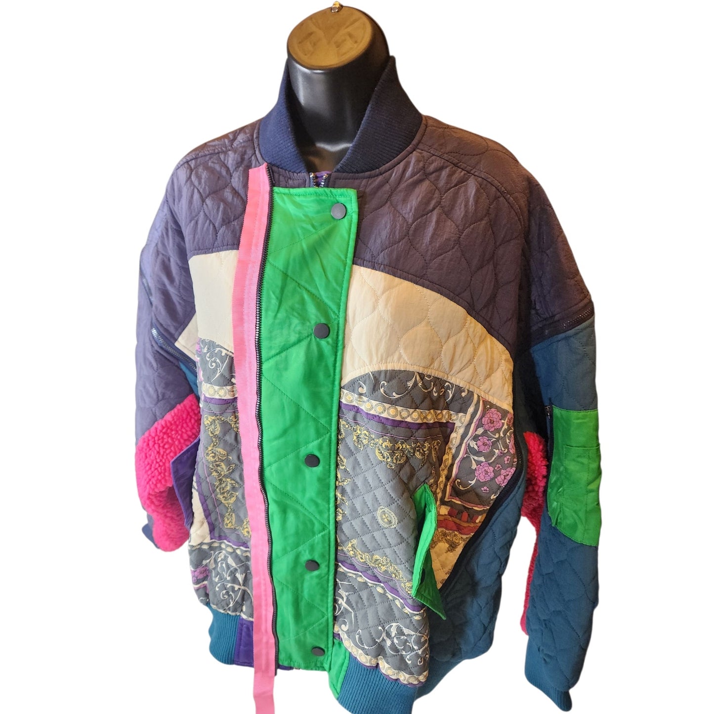 DTU Pink Colorblock Jacket M Oversized XL Quilted Patchwork Bomber Retro Street