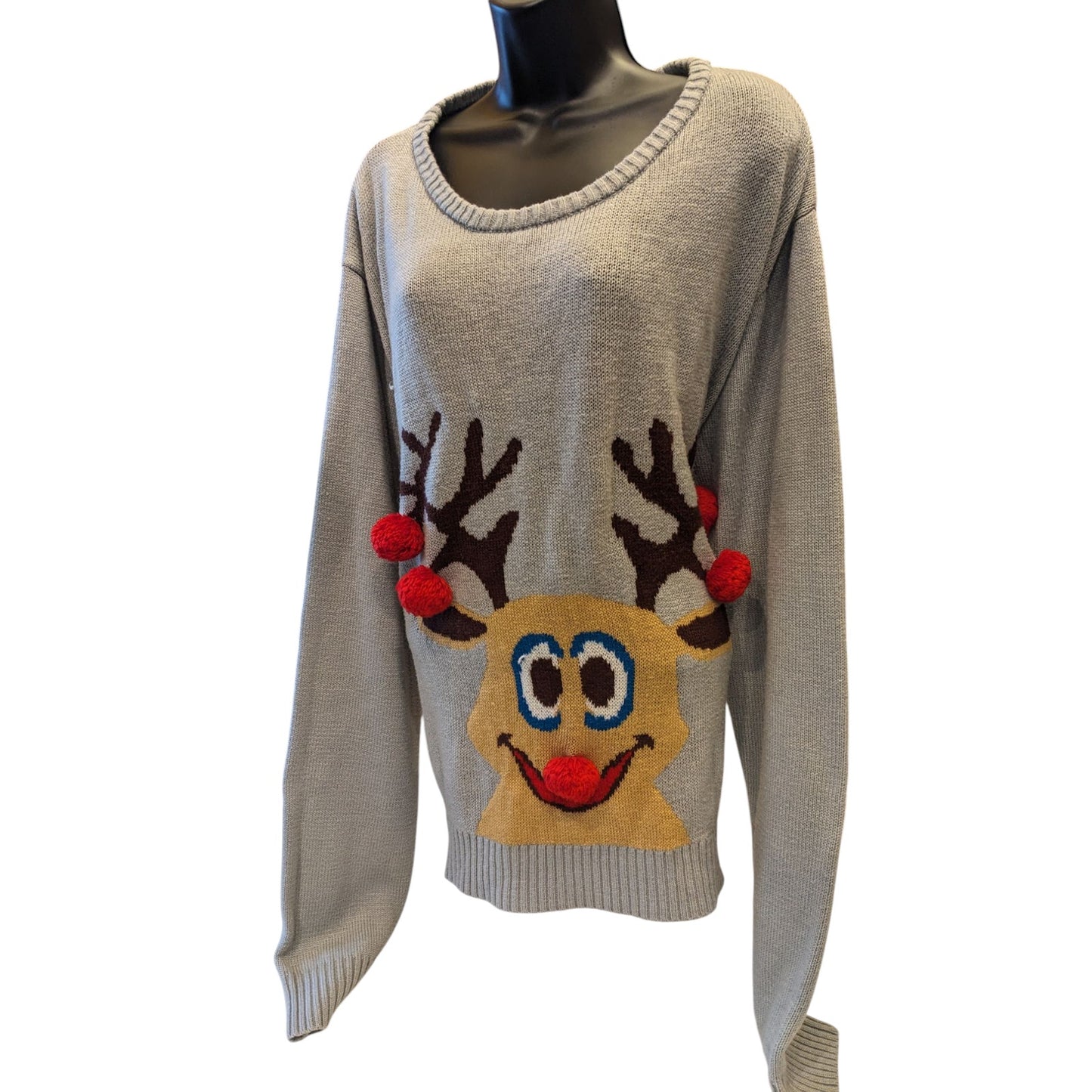 Ugly Christmas Sweater Women 2XL Reindeer 3D PomPom Acrylic Pullover Long Sleeve