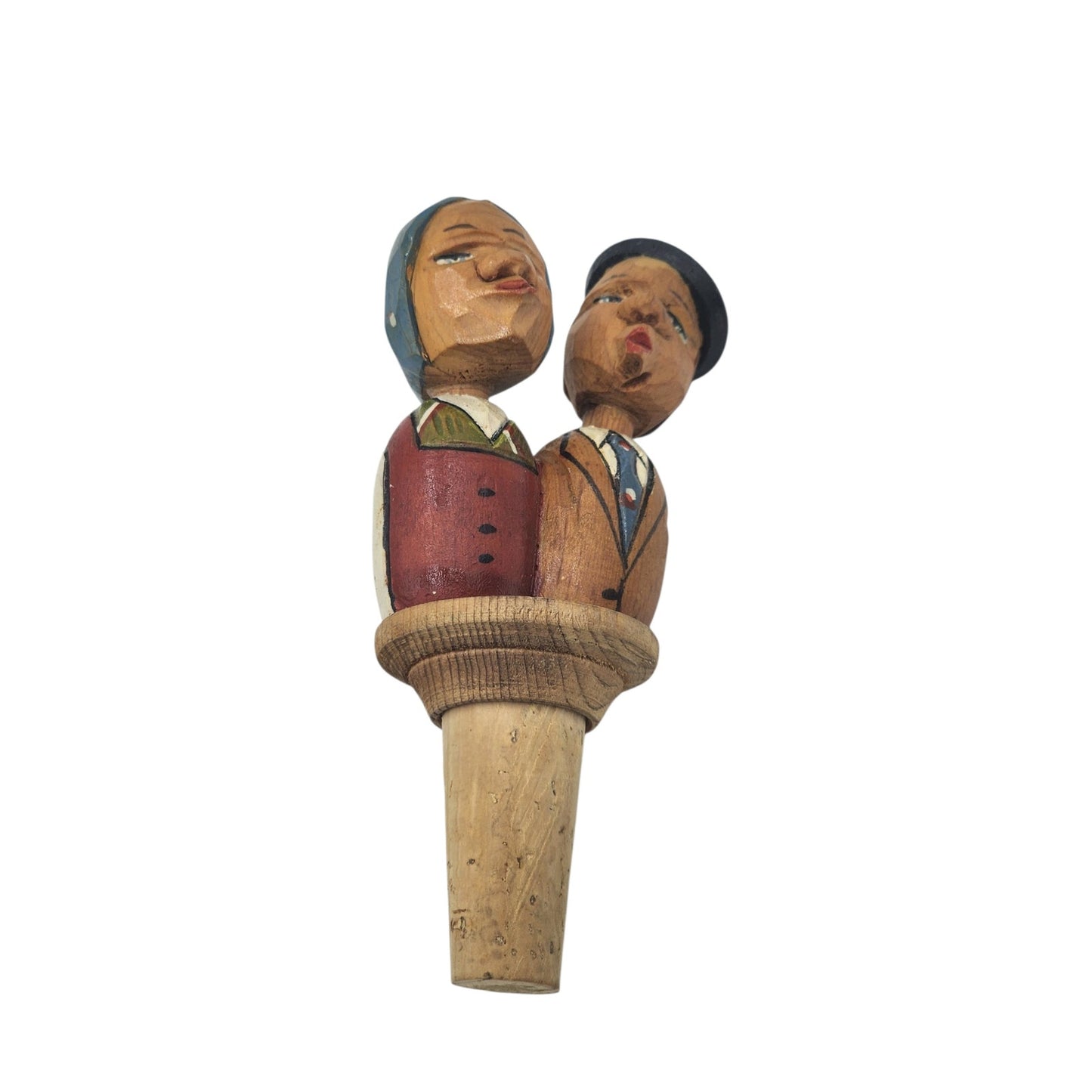 ANRI Italian HandCarved Wooden Bottle Stopper Couple Mechanical Folk Art Barware