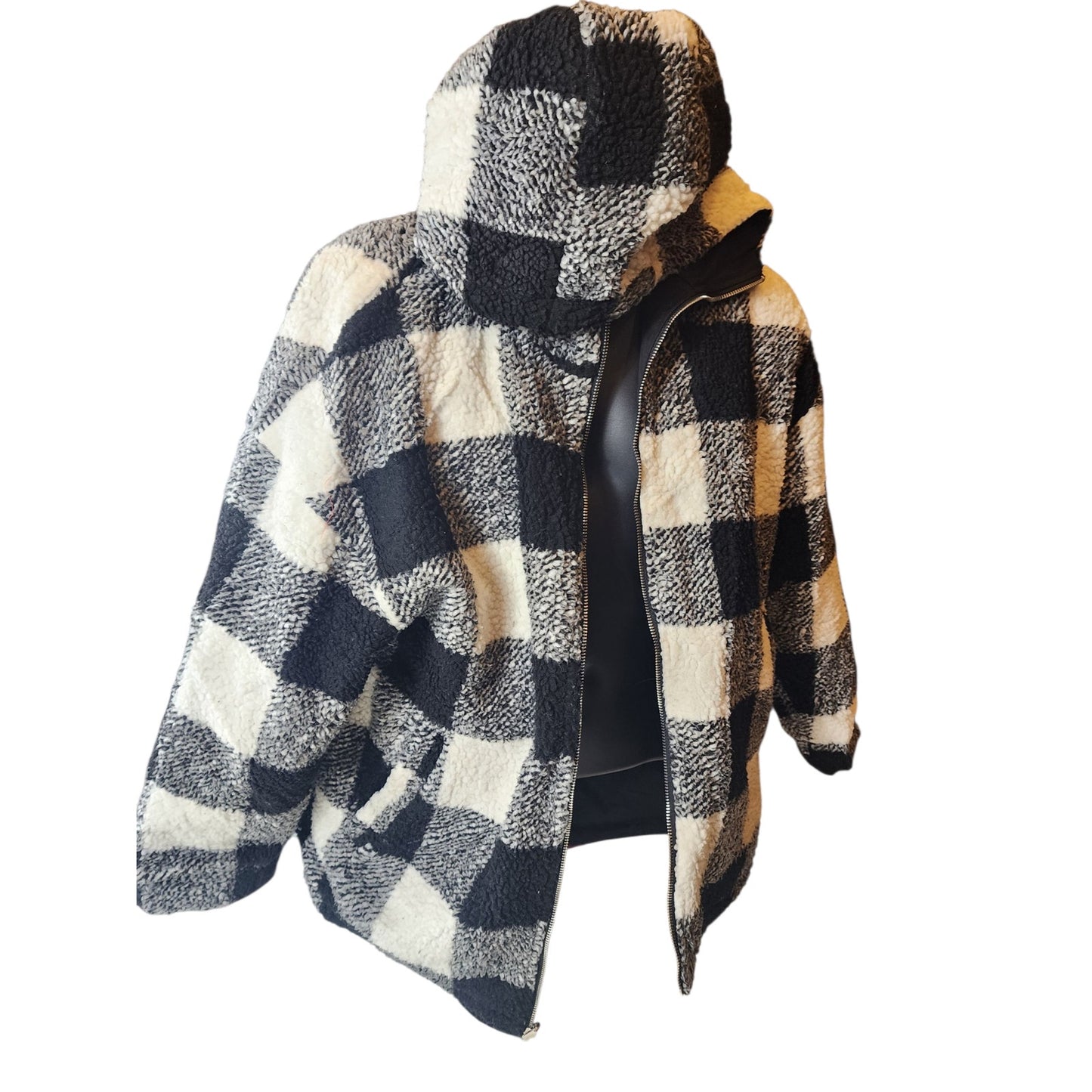 Buffalo Check Sherpa Fleece Jacket Large Black White Plaid Zip Hooded Coat Cozy