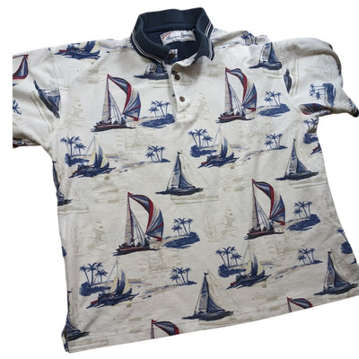 American Summer Polo Shirt Mens Large Nautical Sailboat Vintage Vacation Preppy
