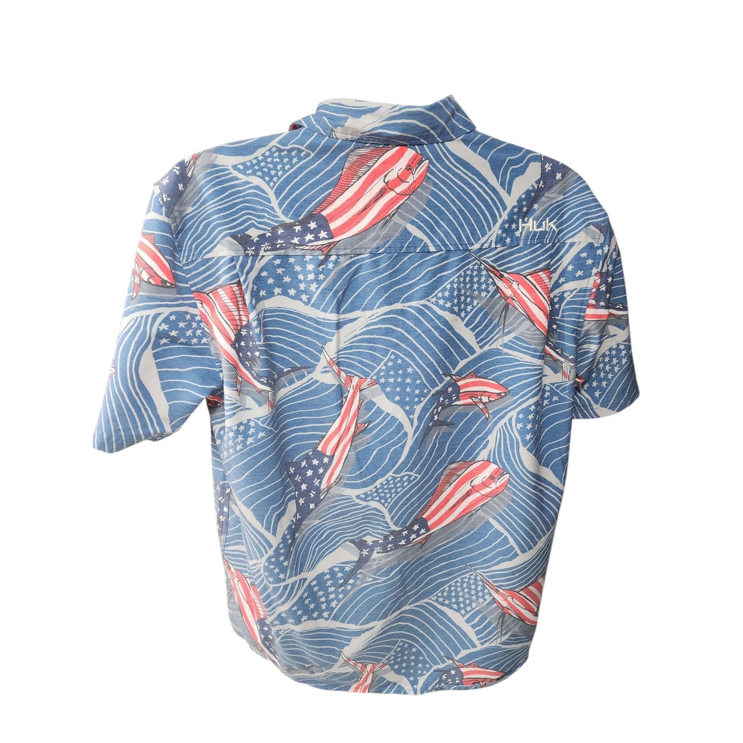 Huk Fishing Shirt Men Medium Patriotic Red White Blue Marlin Flags Button Down