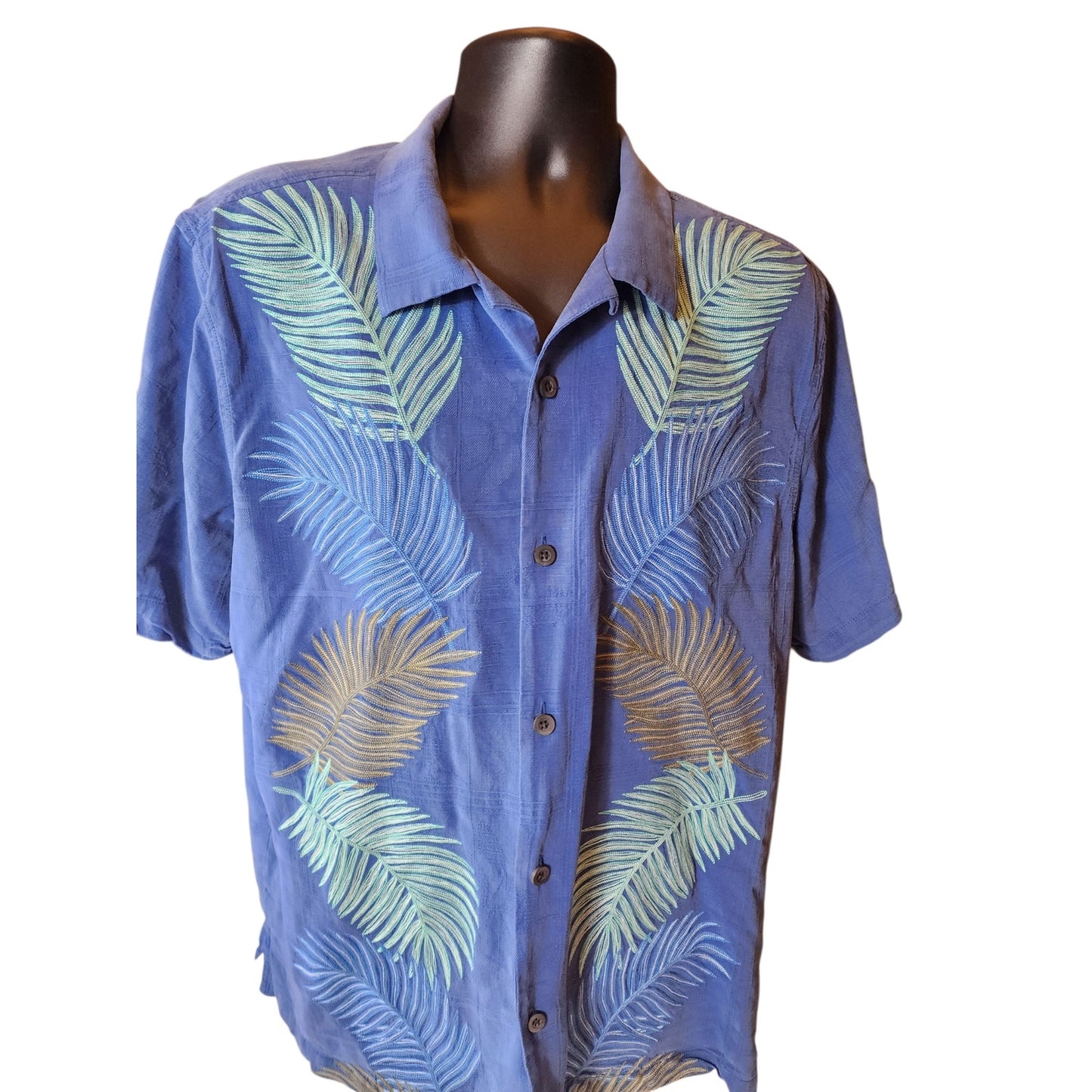 Tommy Bahama Silk Camp Shirt Large Palm Frond Aloha Top Island Vacation Hawaiian