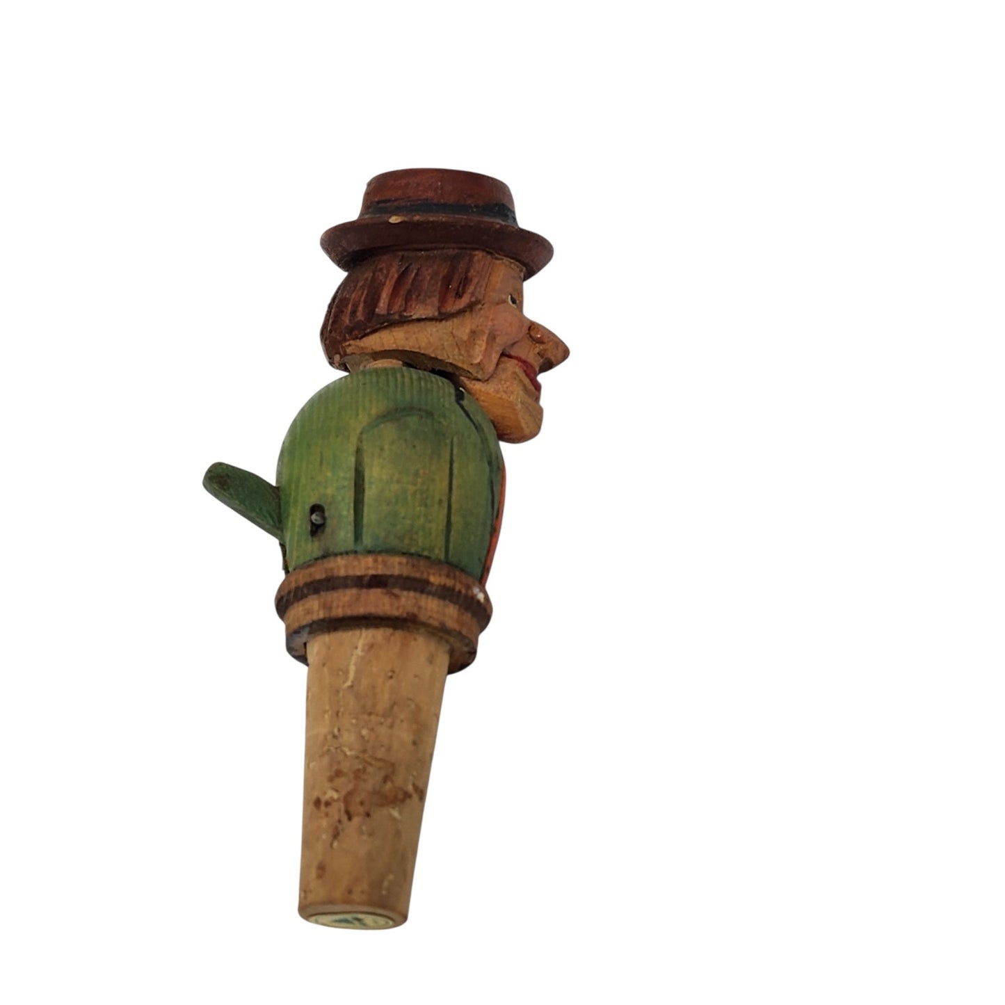 Vintage ANRI Italian Hand Carved Wooden Bottle Stopper Movable Folk Art Barware
