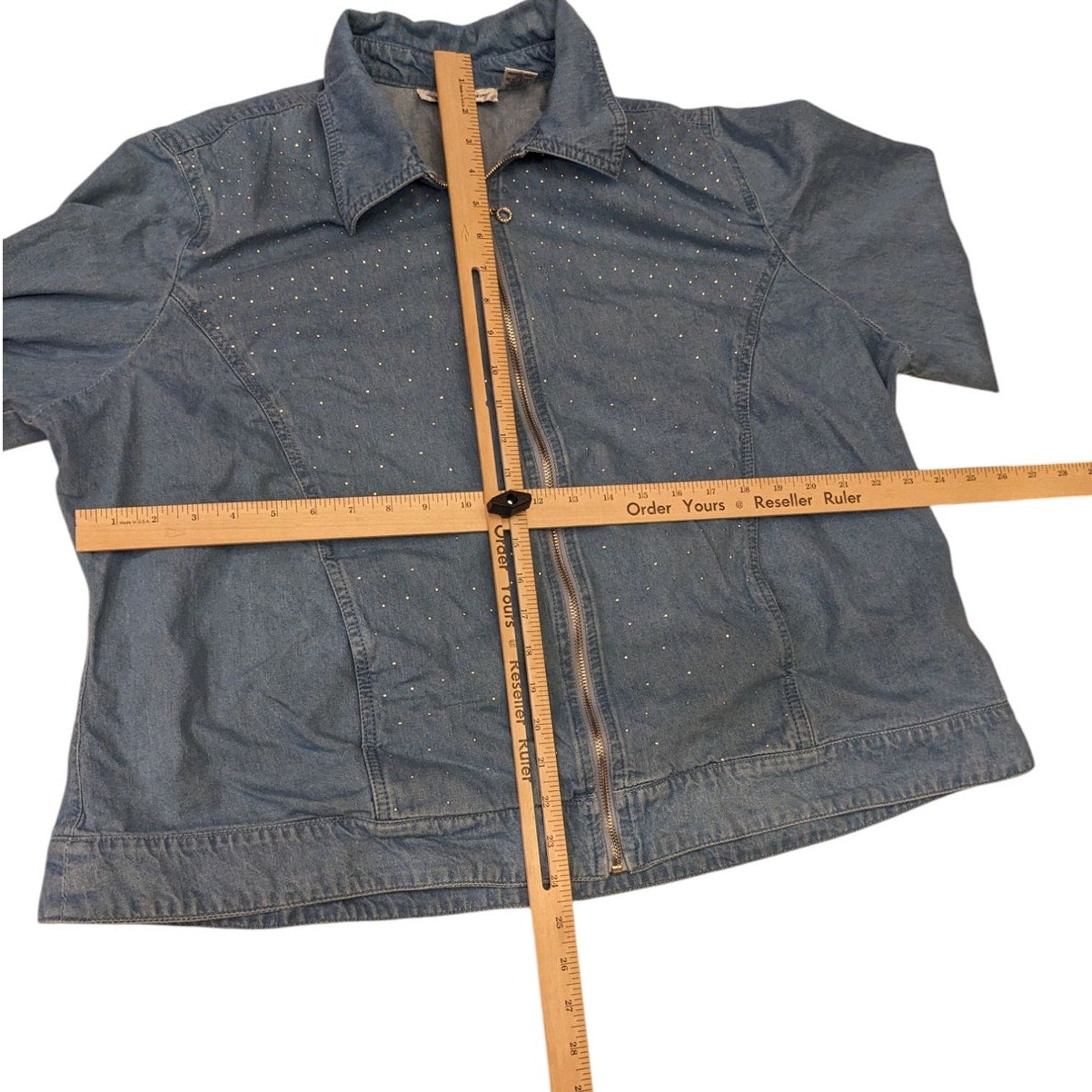Cathy Daniels Denim Jacket Womens 1X Zip Front Blue Studded Cotton Spring