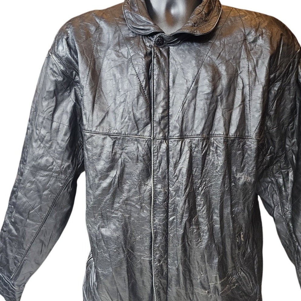 Petroff Leather Jacket Large 52 Zip Crinkle Bomber Vintage Moto Grunge 90s Y2K