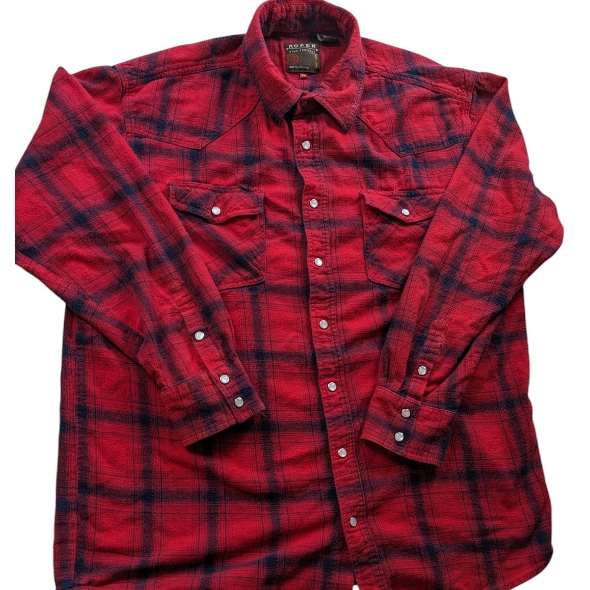 Roper Shirt Men XL Red Plaid Flannel Long Sleeve Western Snap Cowboy Rodeo Ranch