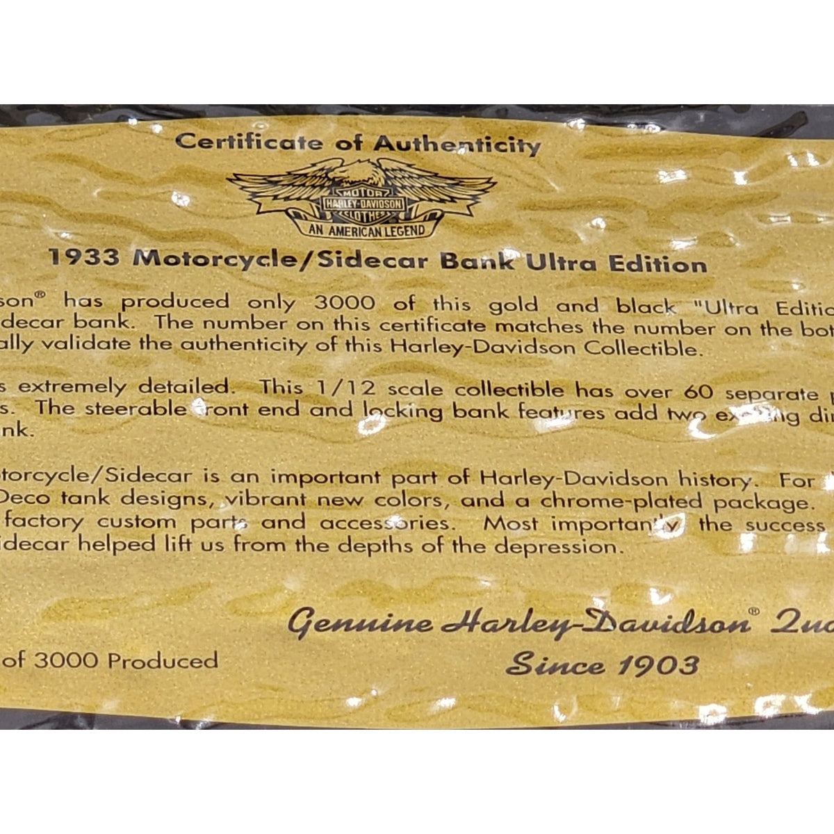 Harley Davidson 1933 Motorcycle Sidecar Bank Marble 1/12 Ultra COA 99205-94v Box