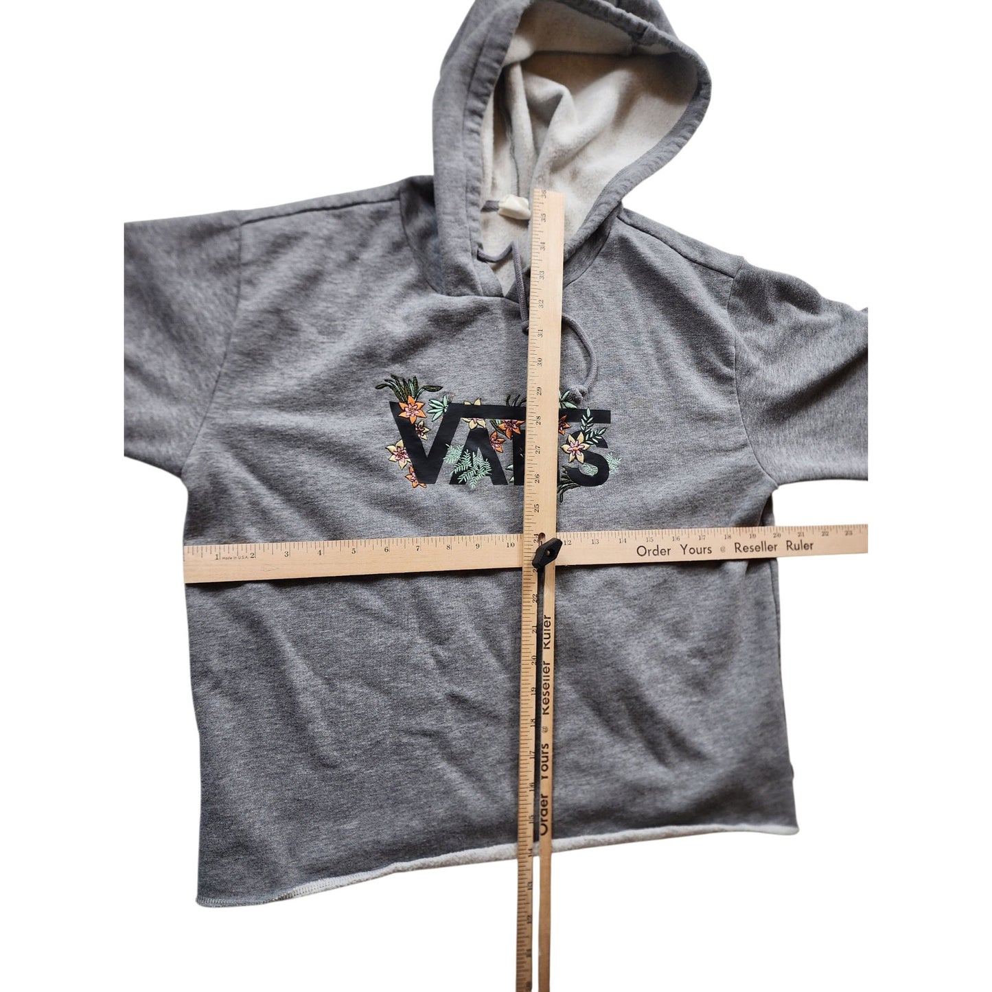 VANS Hoodie Womens Medium Floral Embroidered Raw Hem Cut Off Pullover Sweatshirt