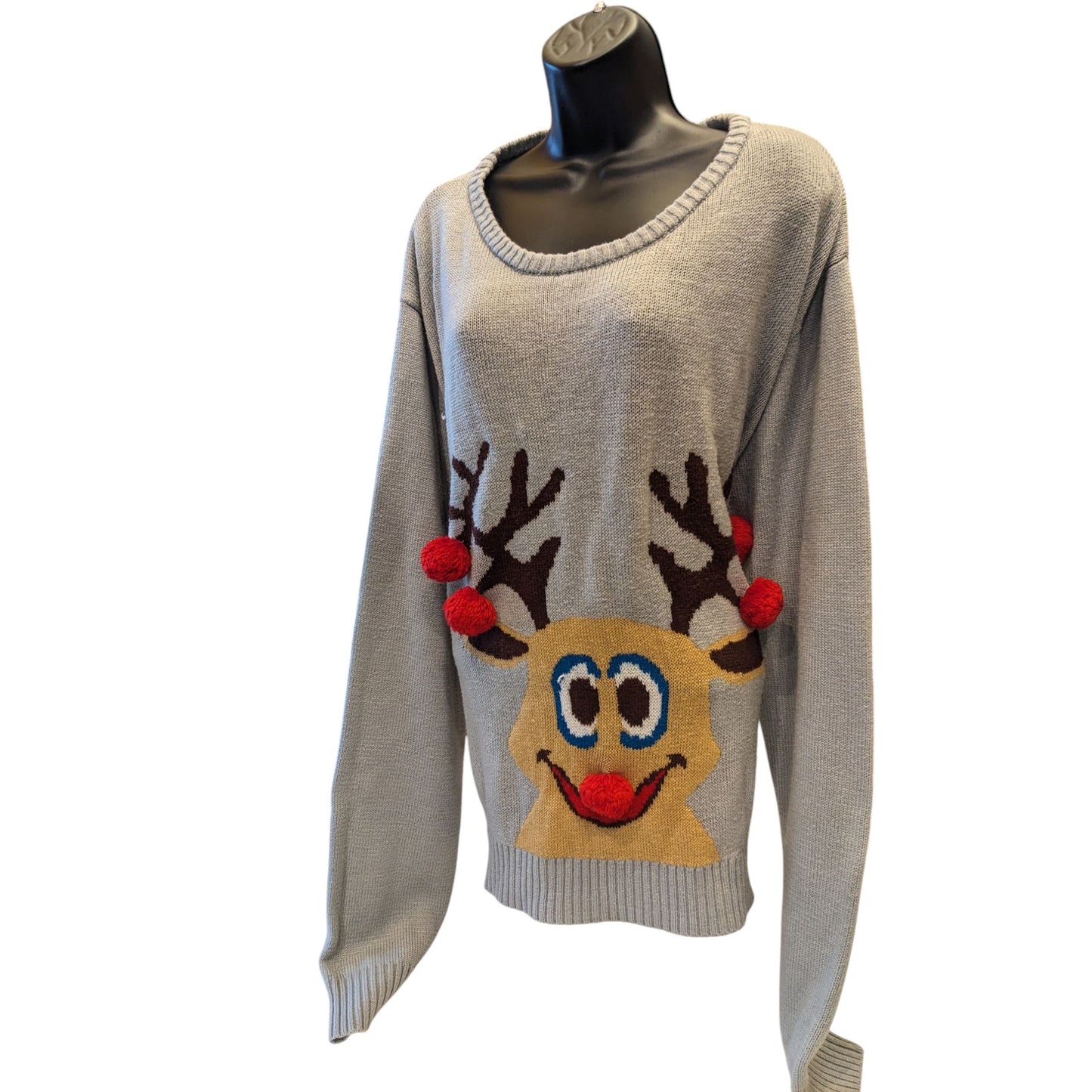 Ugly Christmas Sweater Women 2XL Reindeer 3D PomPom Acrylic Pullover Long Sleeve