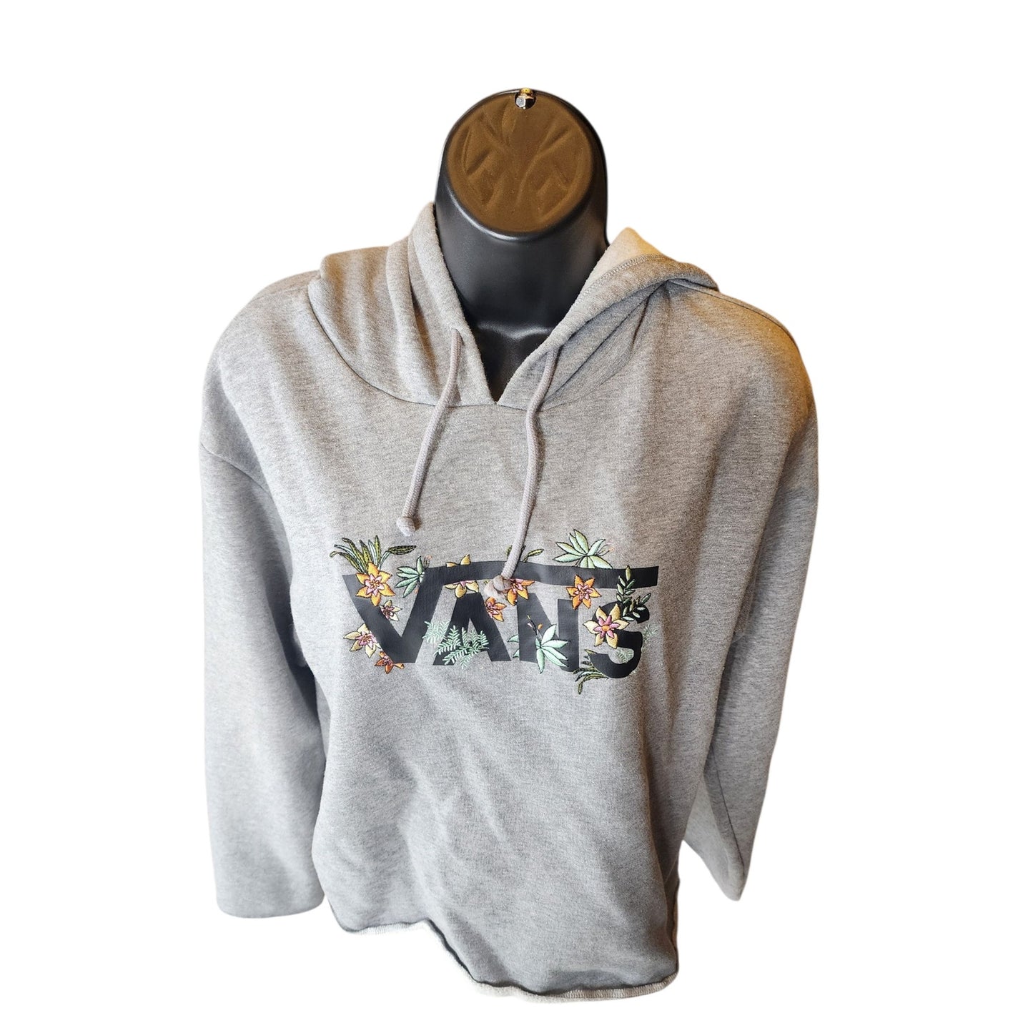 VANS Hoodie Womens Medium Floral Embroidered Raw Hem Cut Off Pullover Sweatshirt
