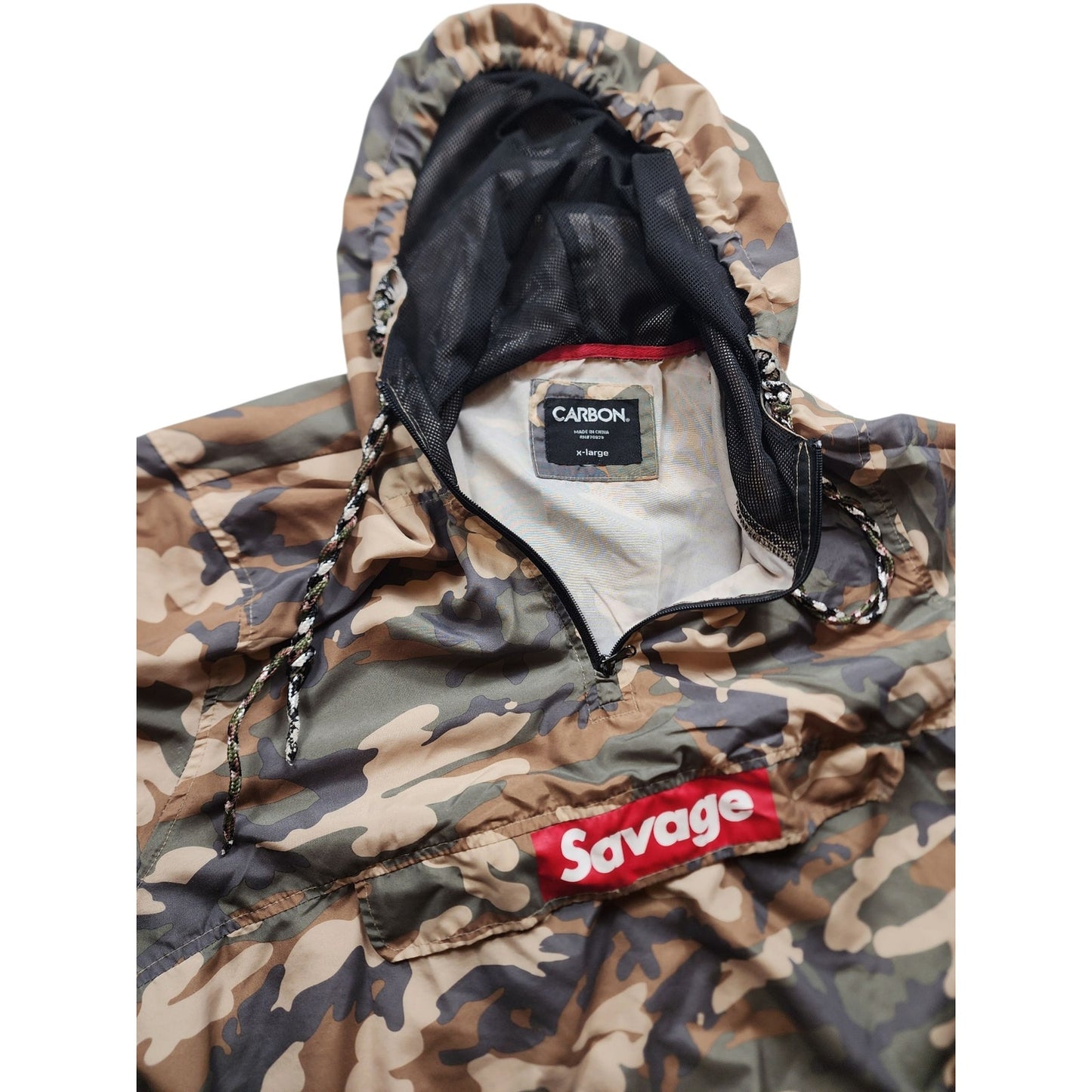 Carbon Savage Camo Pullover Windbreaker Hoodie Mens Large Womens XL Mesh Skater