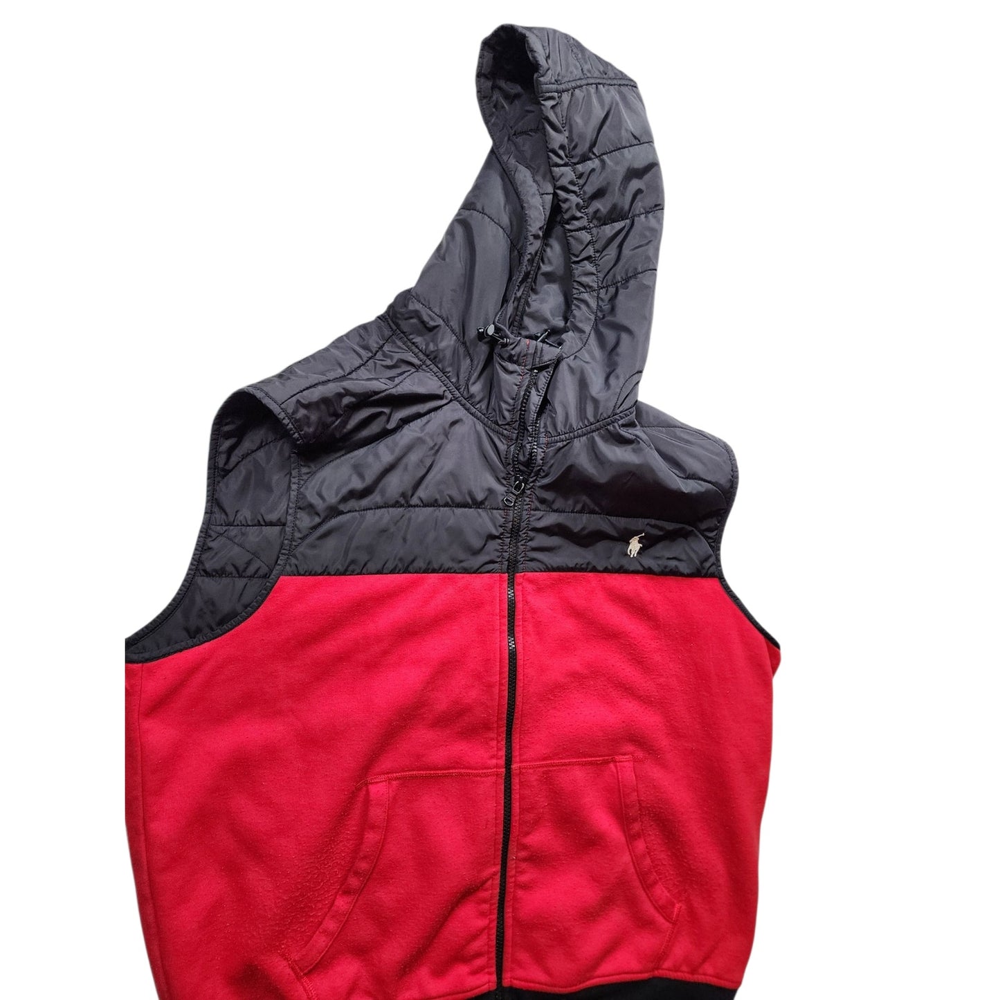 Polo Ralph Lauren Vest Men XL Puffer Red Black Hooded Full Zip Pony Fleece Gilet