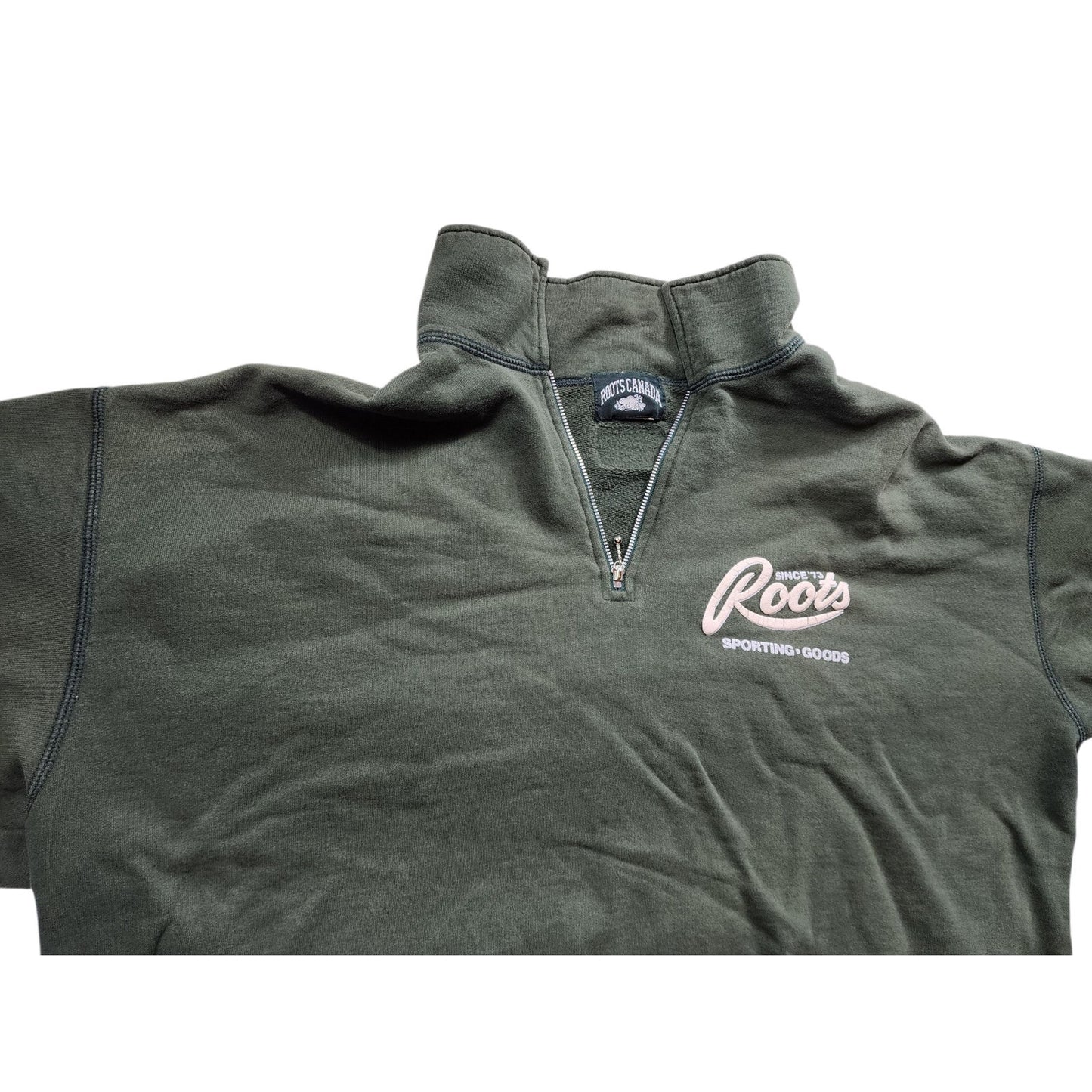 Roots Canada Half Zip Pullover Sweatshirt Mens XL Green Cotton Vintage Y2K