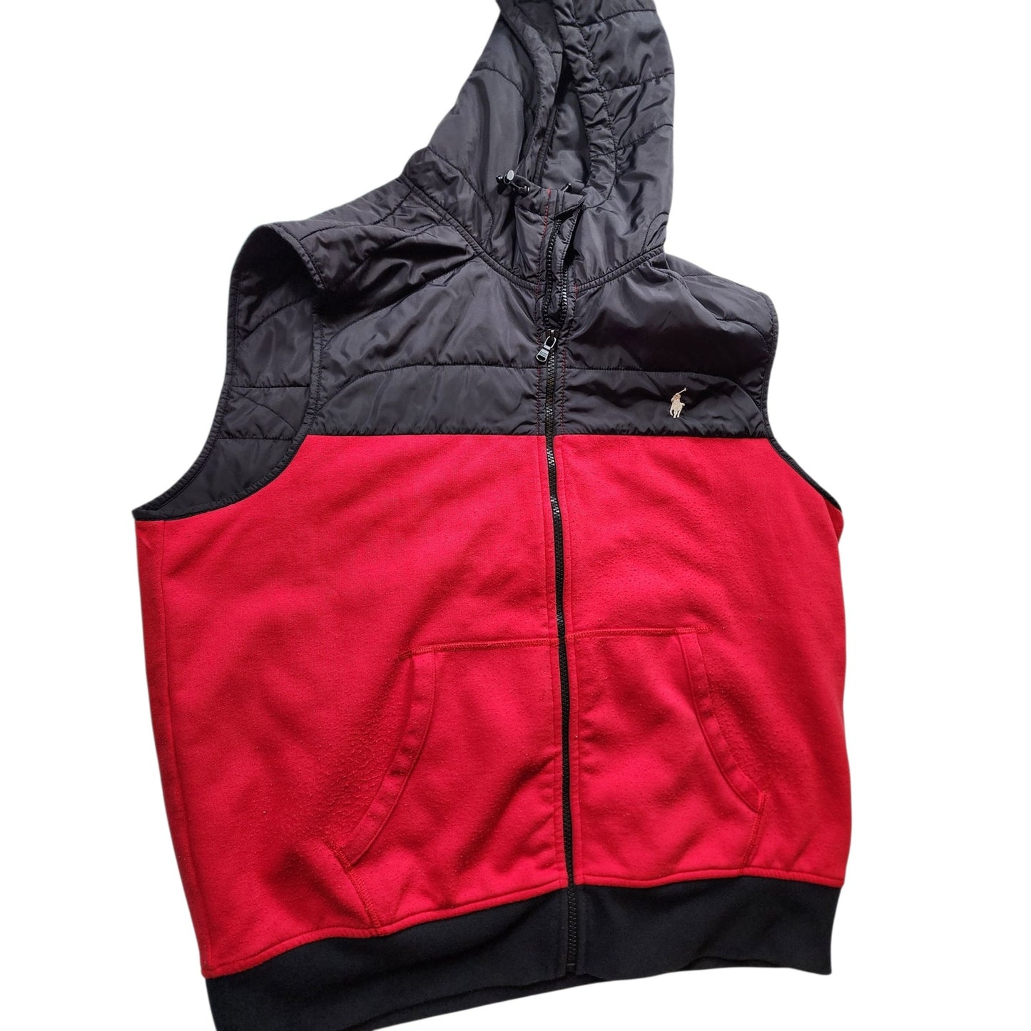 Polo Ralph Lauren Vest Men XL Puffer Red Black Hooded Full Zip Pony Fleece Gilet