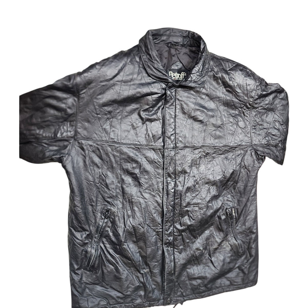 Petroff Leather Jacket Large 52 Zip Crinkle Bomber Vintage Moto Grunge 90s Y2K