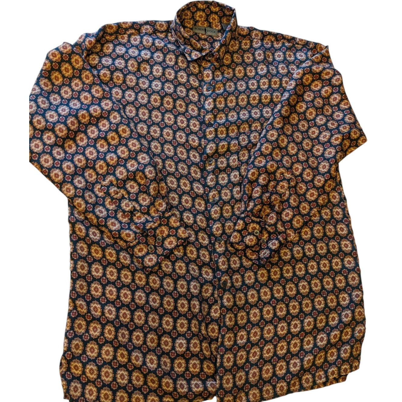 Robert Stock Silk Shirt Men Large Vintage Long Sleeve Button Geometric Paisley